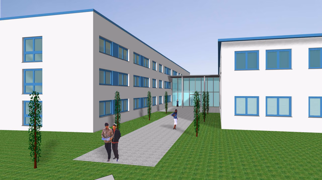 Visualisierung: zwei Bürogebäude, verbunden über einen verglasten Eingangsbereich, davor ein Weg zum Haupteingang