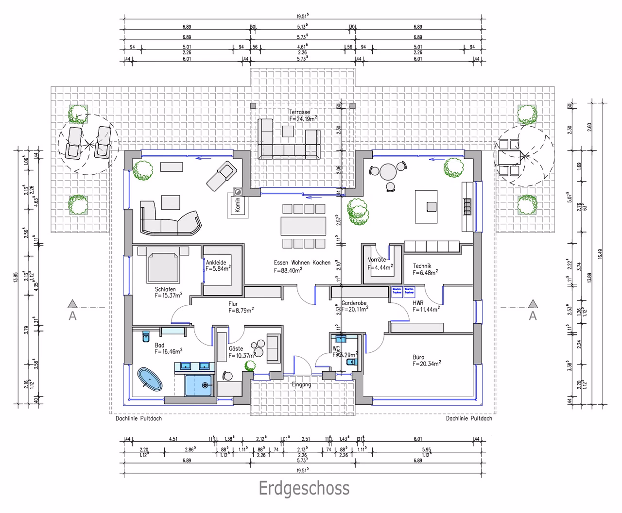 Grundriss Erdgeschoss des Wohnhauses mit offenem Wohn-, Ess- und Küchenbereich, Schlafzimmer, Bad, Büro und Terrasse