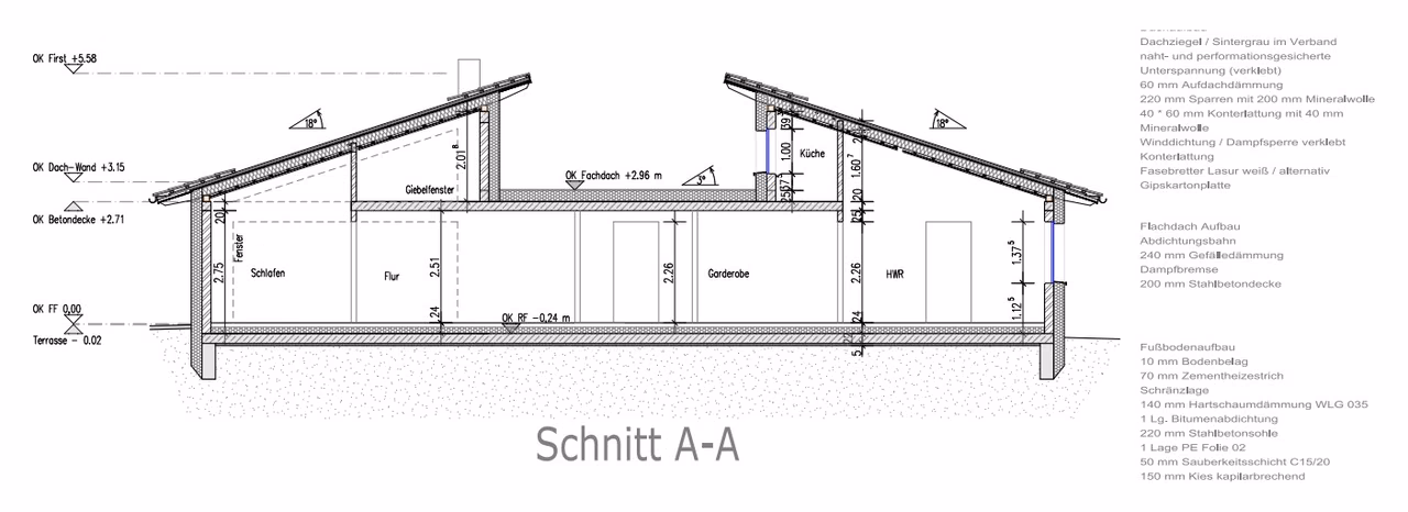 Schnitt durch das Wohnhaus mit den beiden Pultdächern, dem Flachdach in der Mitte und dem Aufbau von Dach und Boden