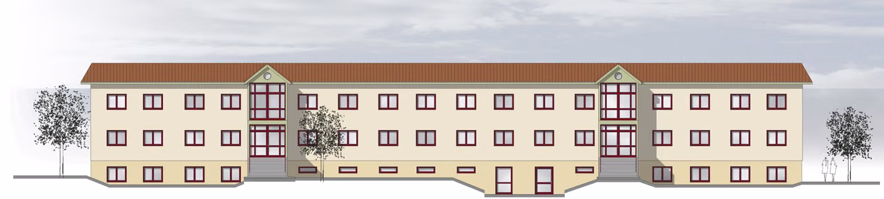 Visualisierung der Nordansicht: dreigeschossiger Bau mit Satteldach, hellem Putz und zwei verglasten Treppenhäusern