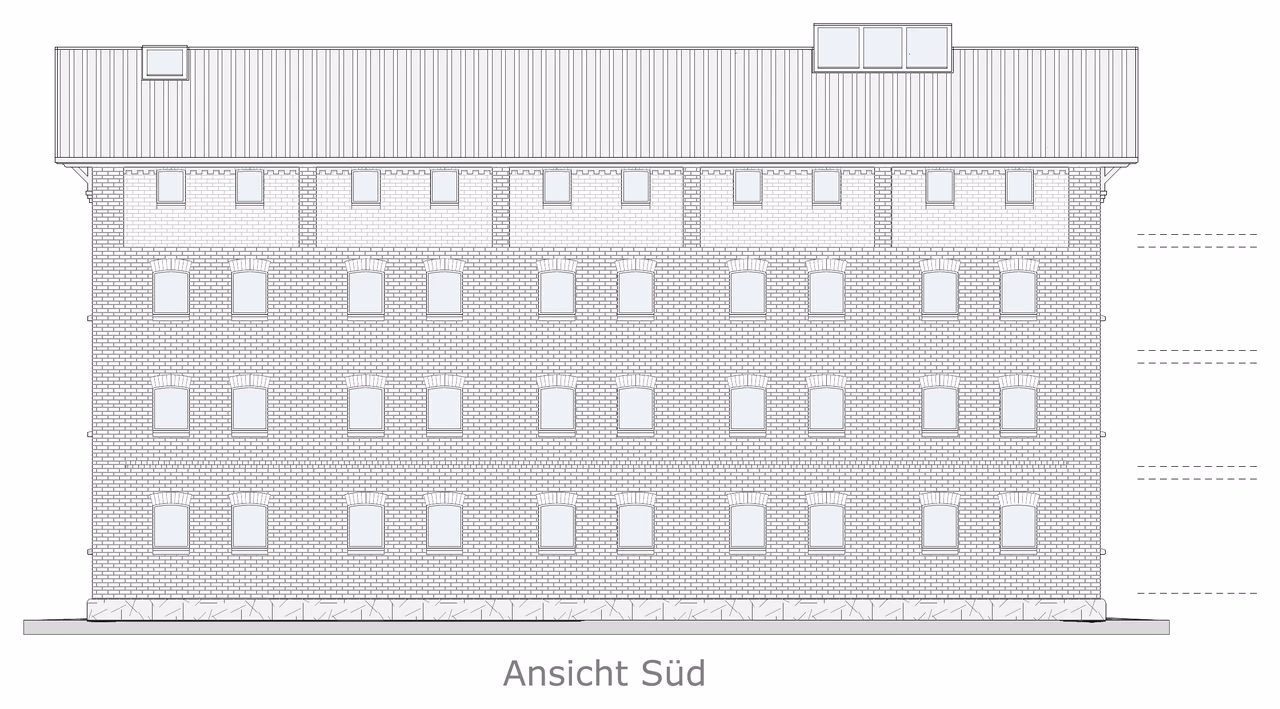 Ansicht Süd des Speichers im Bestand: Backsteinfassade mit drei Reihen Segmentbogenfenstern und Satteldach