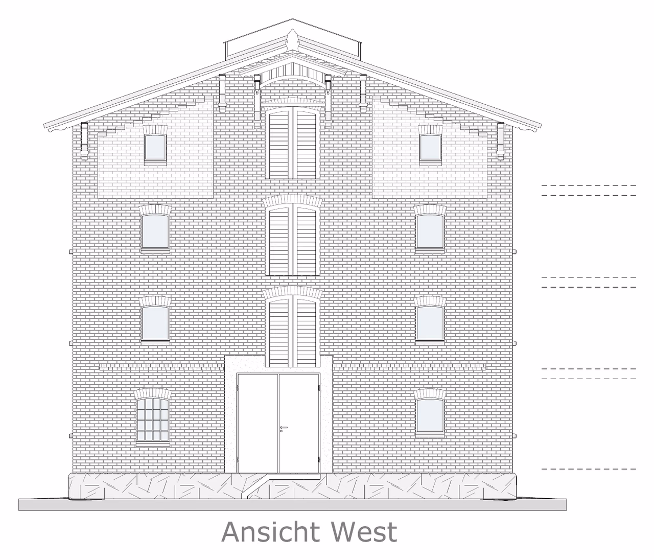 Ansicht West des Speichers im Bestand: Giebel aus Backstein mit Ladeluken übereinander und zweiflügeligem Tor